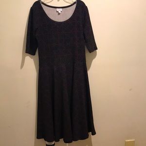 LulaRoe Nicole dress Size large. Black with red and blue design.